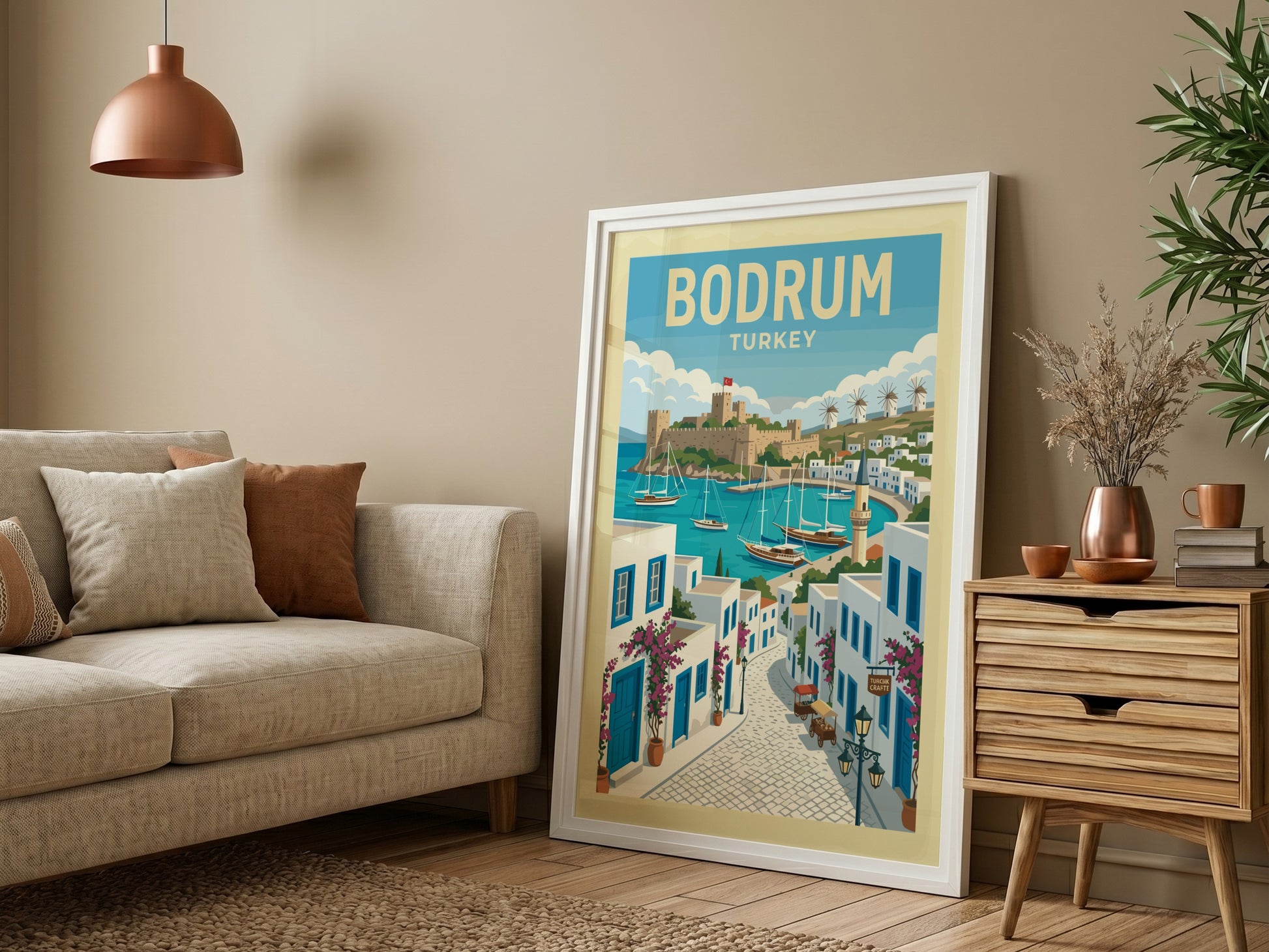 Retro Bodrum travel poster featuring a castle, harbor with sailboats, and whitewashed buildings.