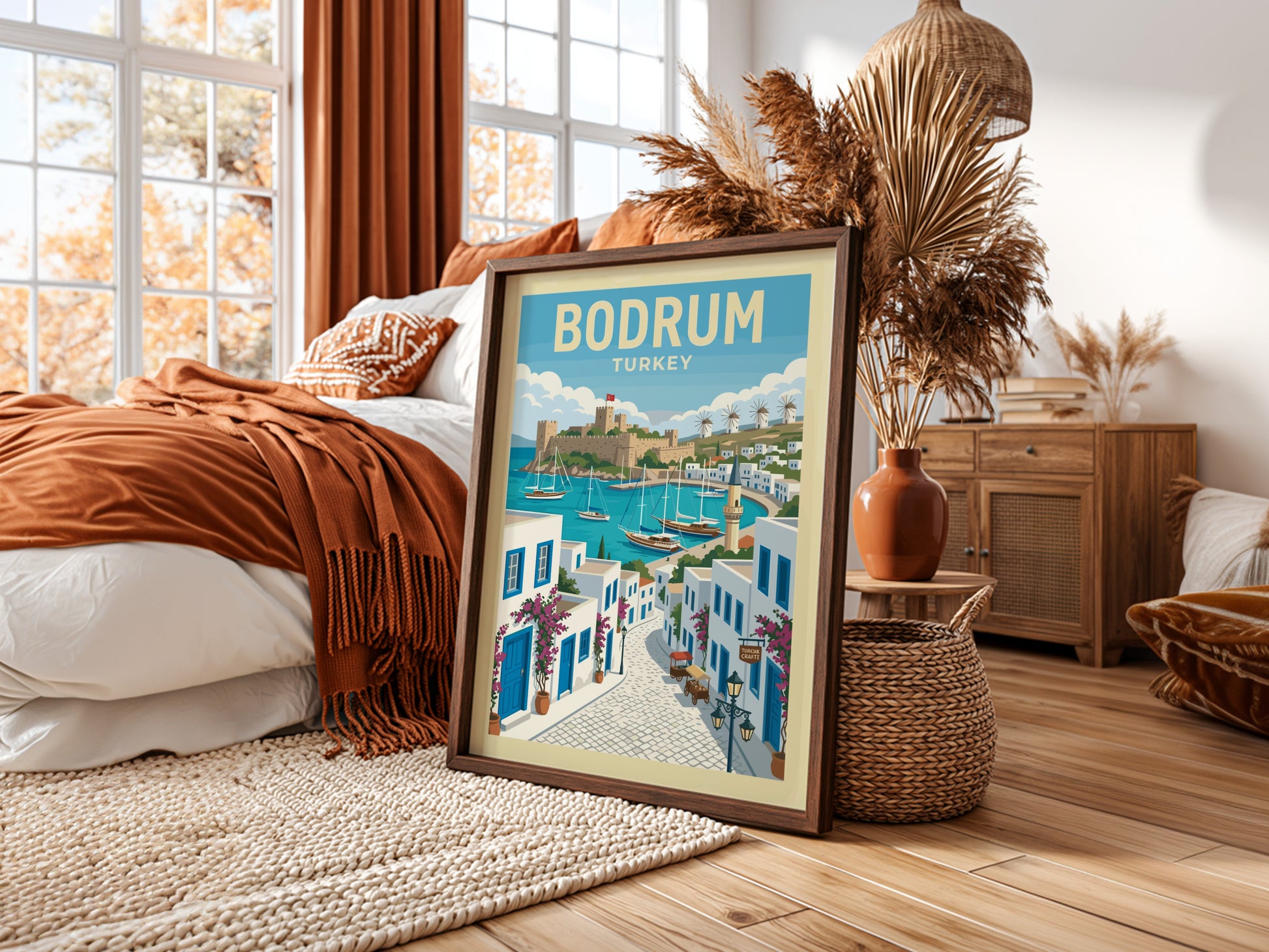 Retro Bodrum travel poster featuring a castle, harbor with sailboats, and whitewashed buildings.
