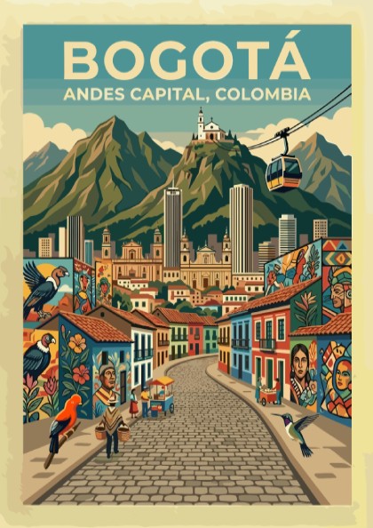 Travel poster featuring the city of Bogota with colorful murals and Andes mountains.