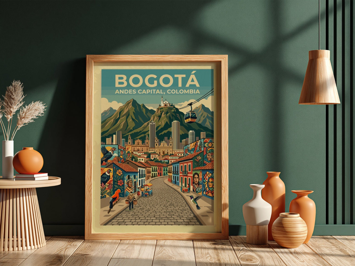 Travel poster featuring the city of Bogota with colorful murals and Andes mountains.