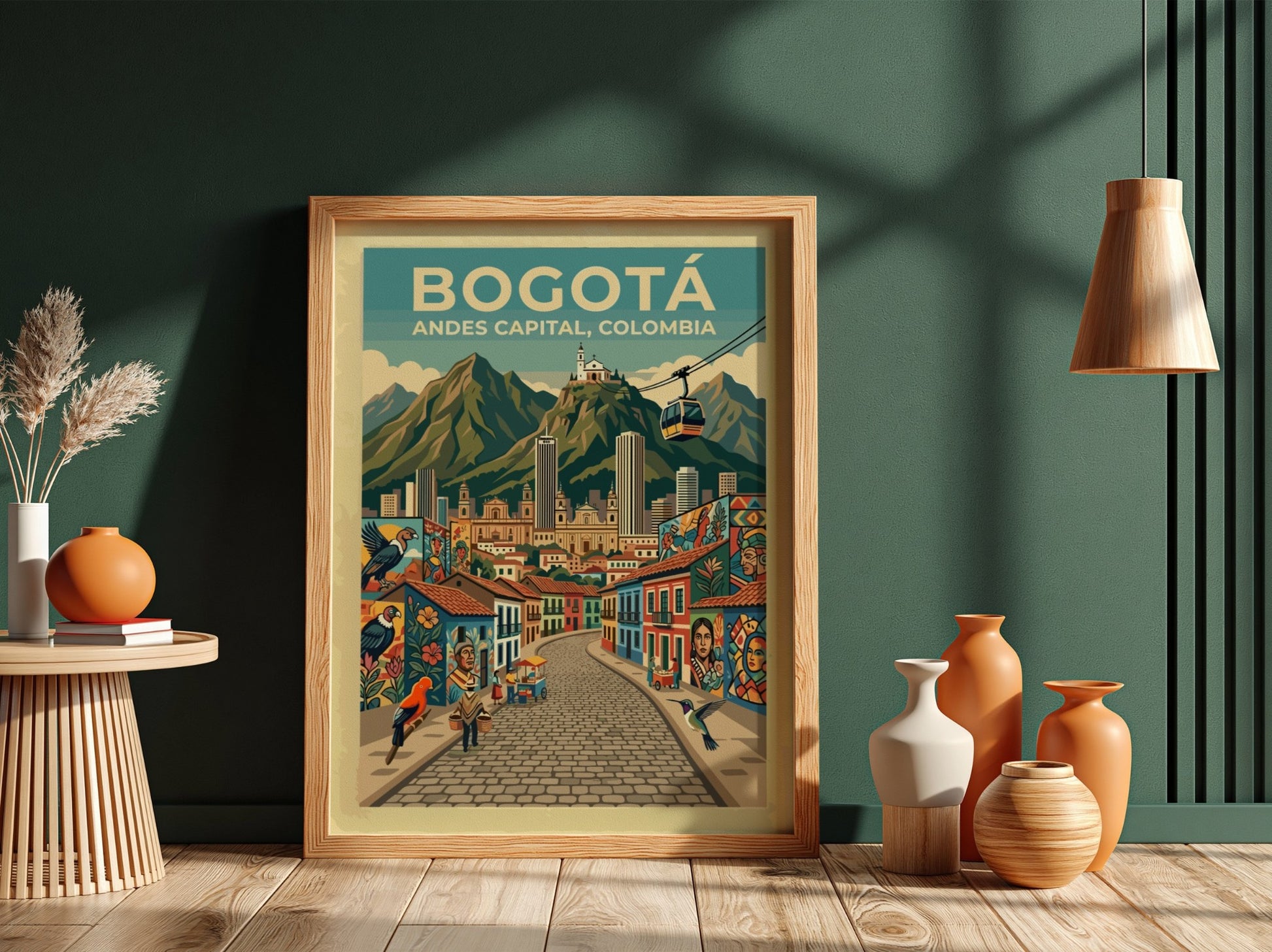 Travel poster featuring the city of Bogota with colorful murals and Andes mountains.