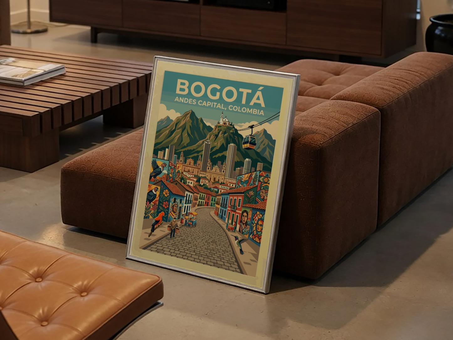 Travel poster featuring the city of Bogota with colorful murals and Andes mountains.