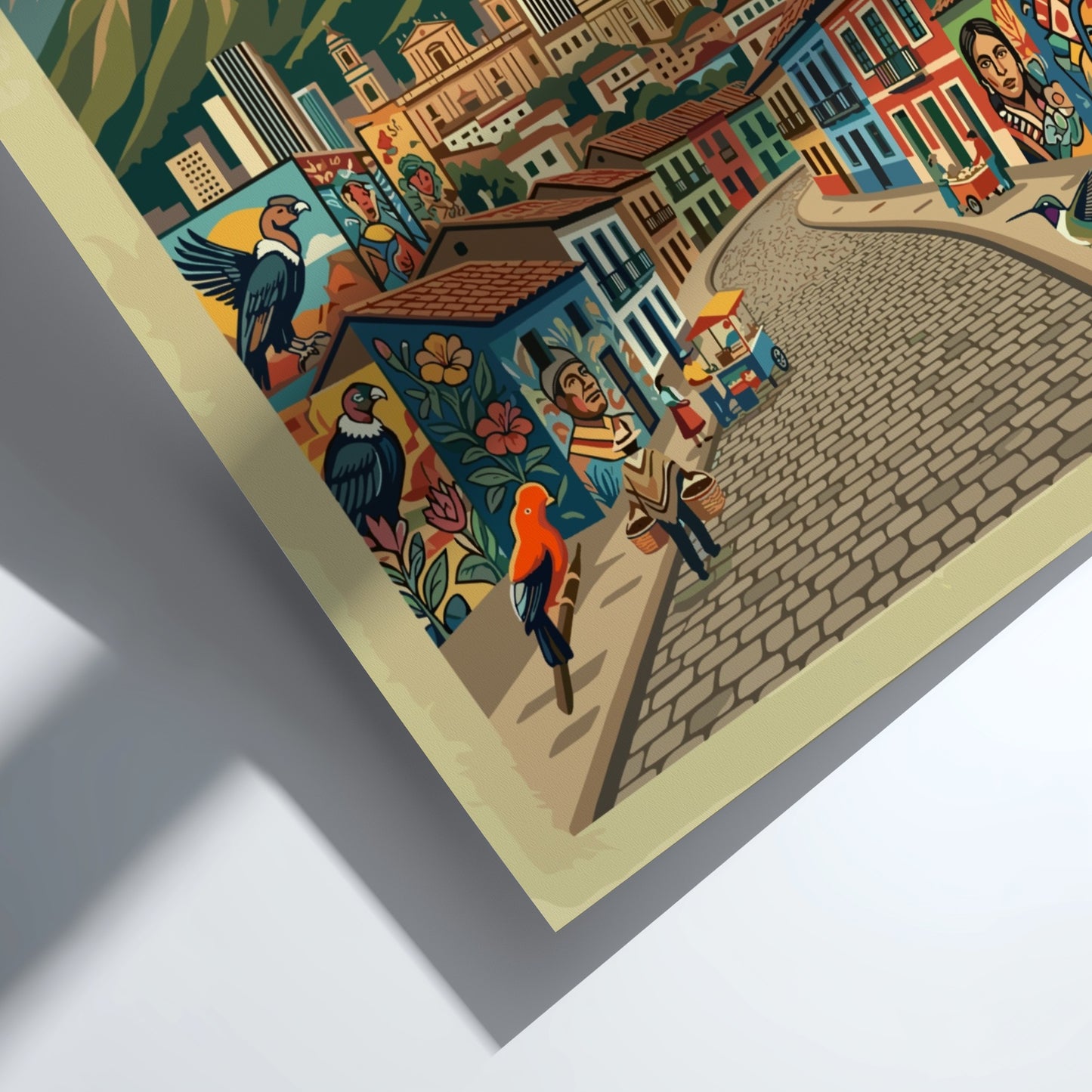 Travel poster featuring the city of Bogota with colorful murals and Andes mountains.