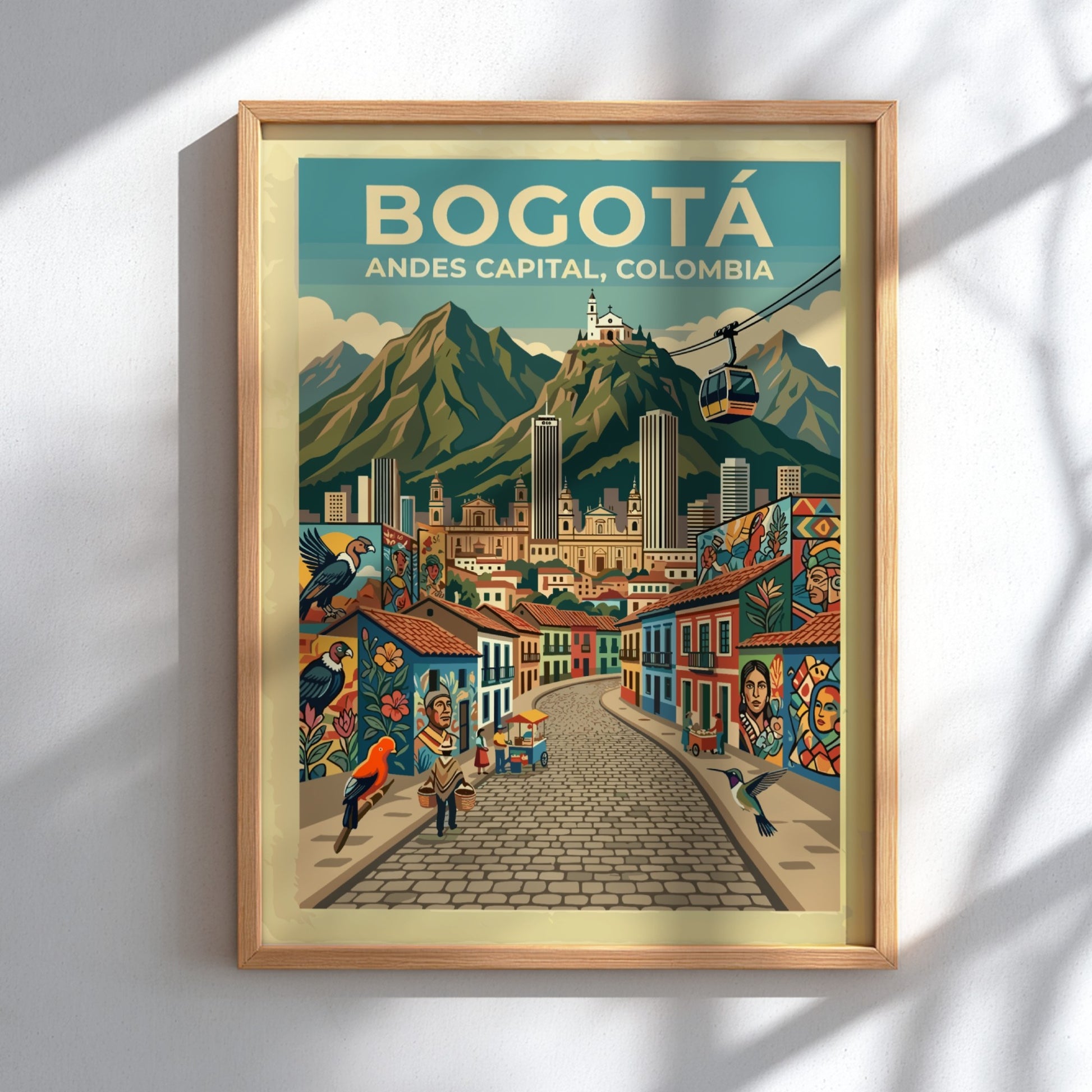 Travel poster featuring the city of Bogota with colorful murals and Andes mountains.