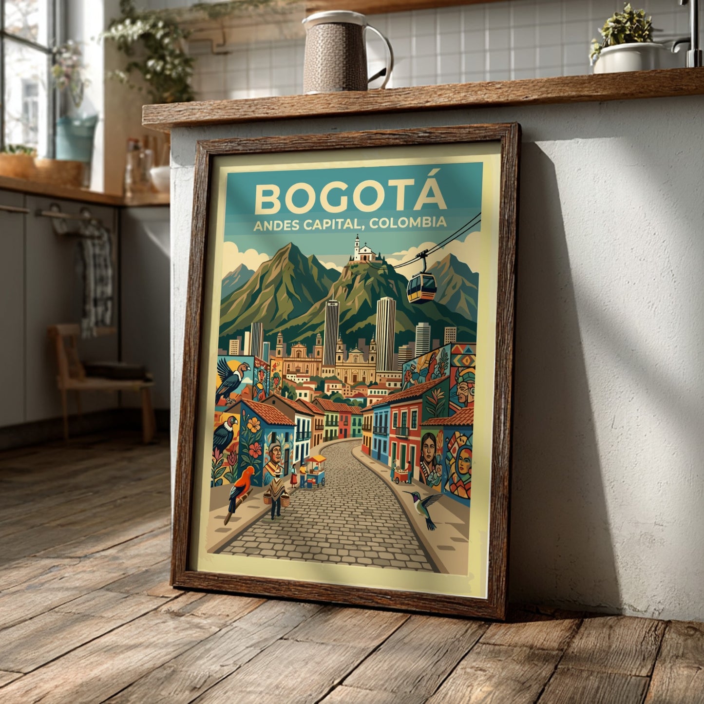 Travel poster featuring the city of Bogota with colorful murals and Andes mountains.