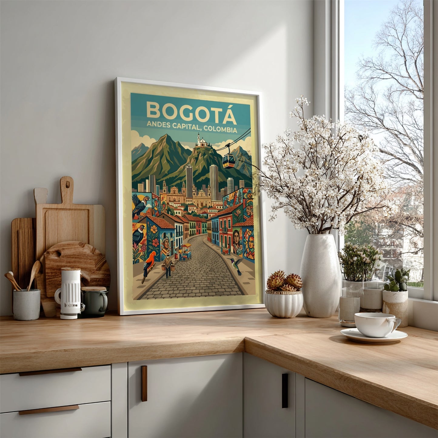 Travel poster featuring the city of Bogota with colorful murals and Andes mountains.