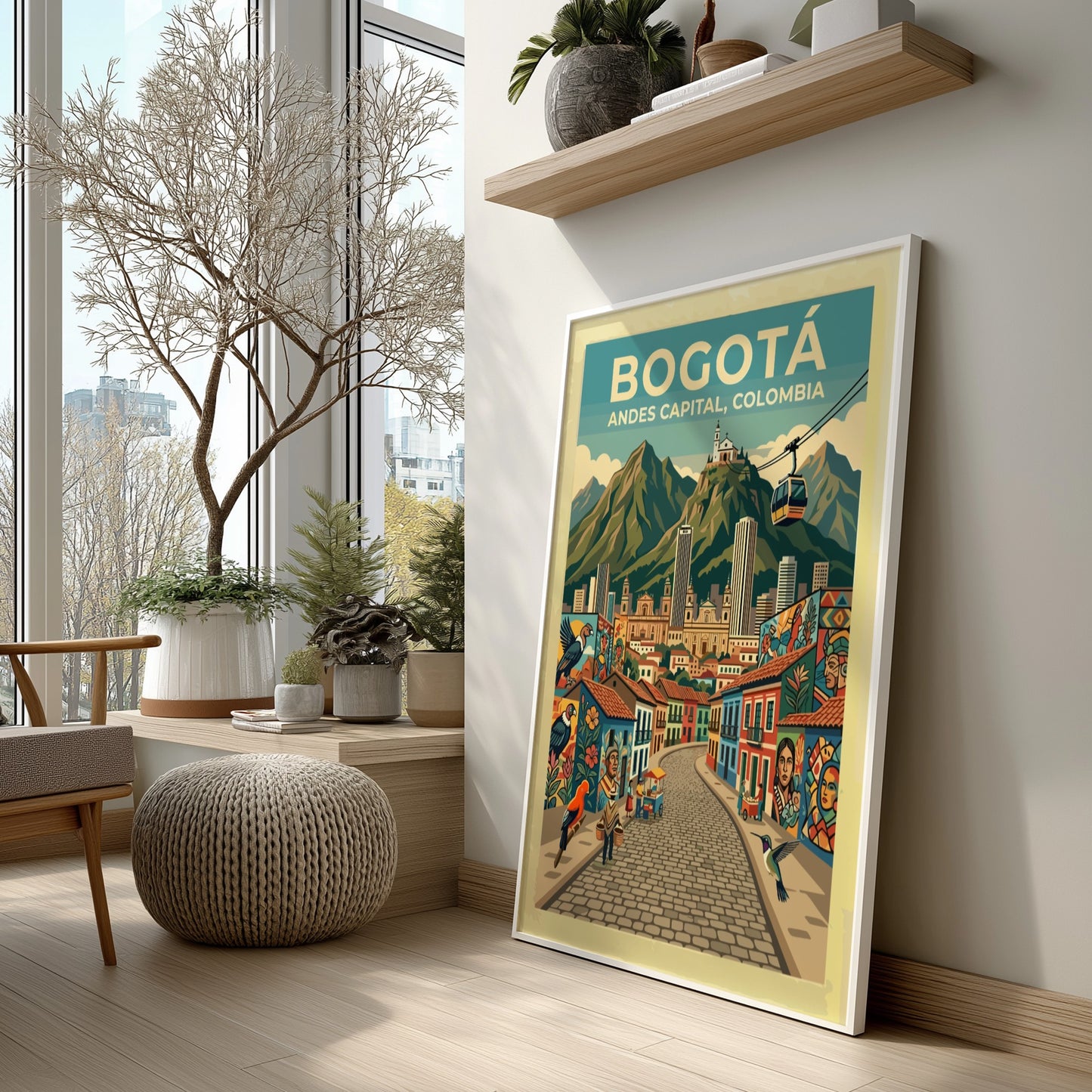 Travel poster featuring the city of Bogota with colorful murals and Andes mountains.