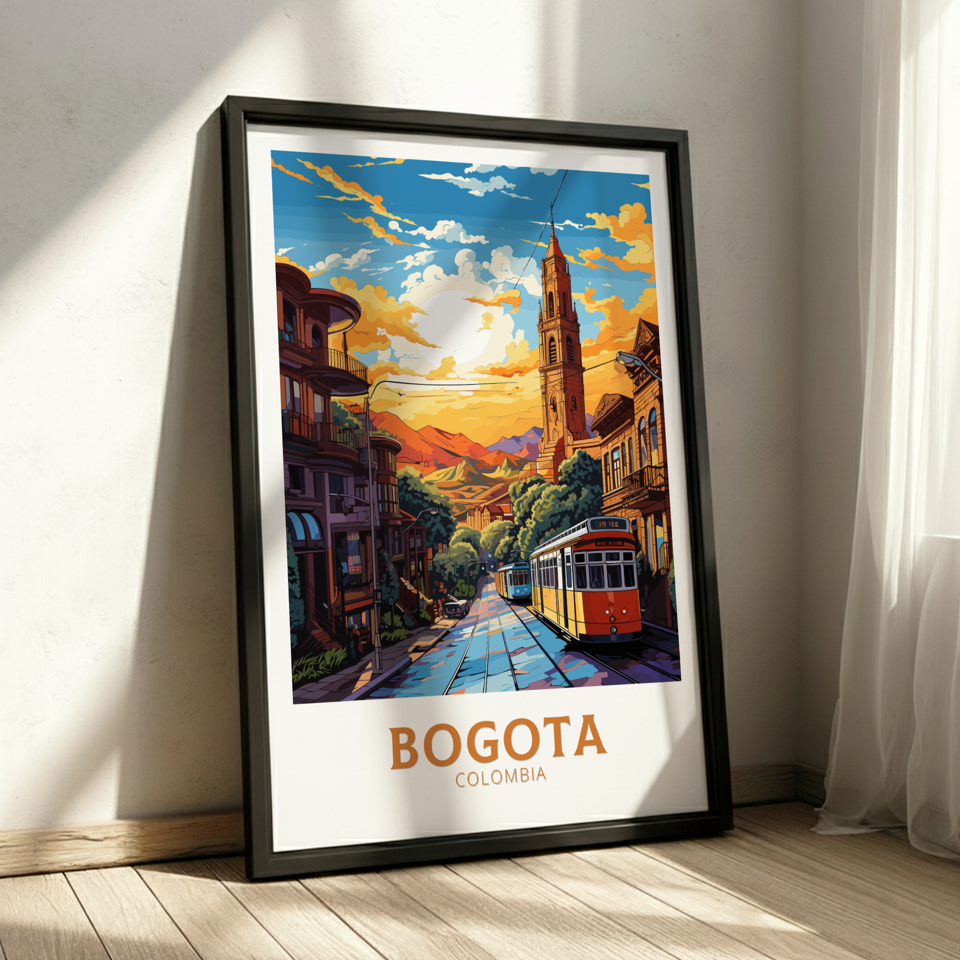 Framed artwork of Bogota, Colombia with a colorful cityscape and trolley.