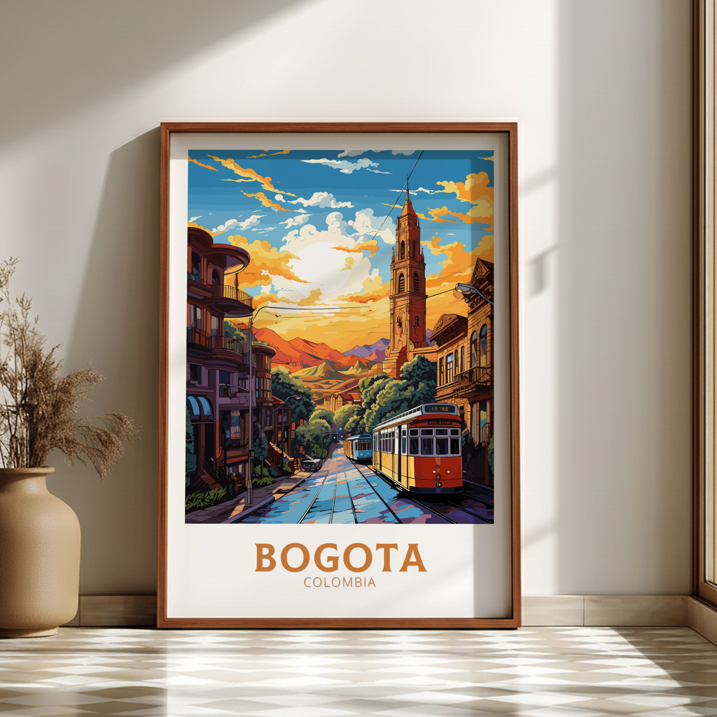 Framed artwork of Bogota, Colombia with a street scene and sunset.