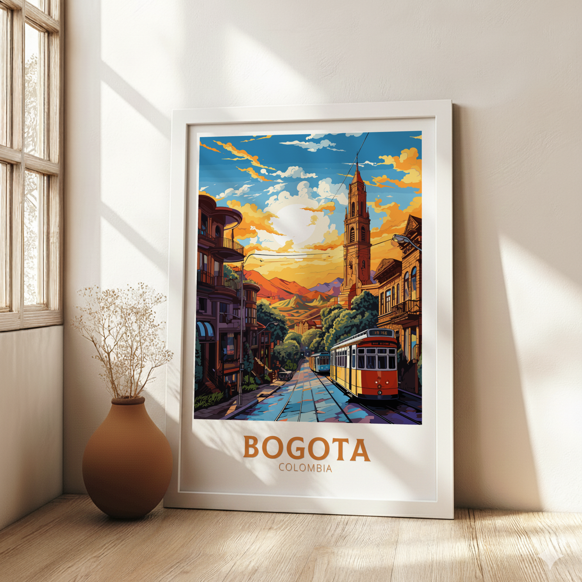 Framed artwork of Bogota, Colombia with a clock tower and streetcar, placed on a wooden floor.