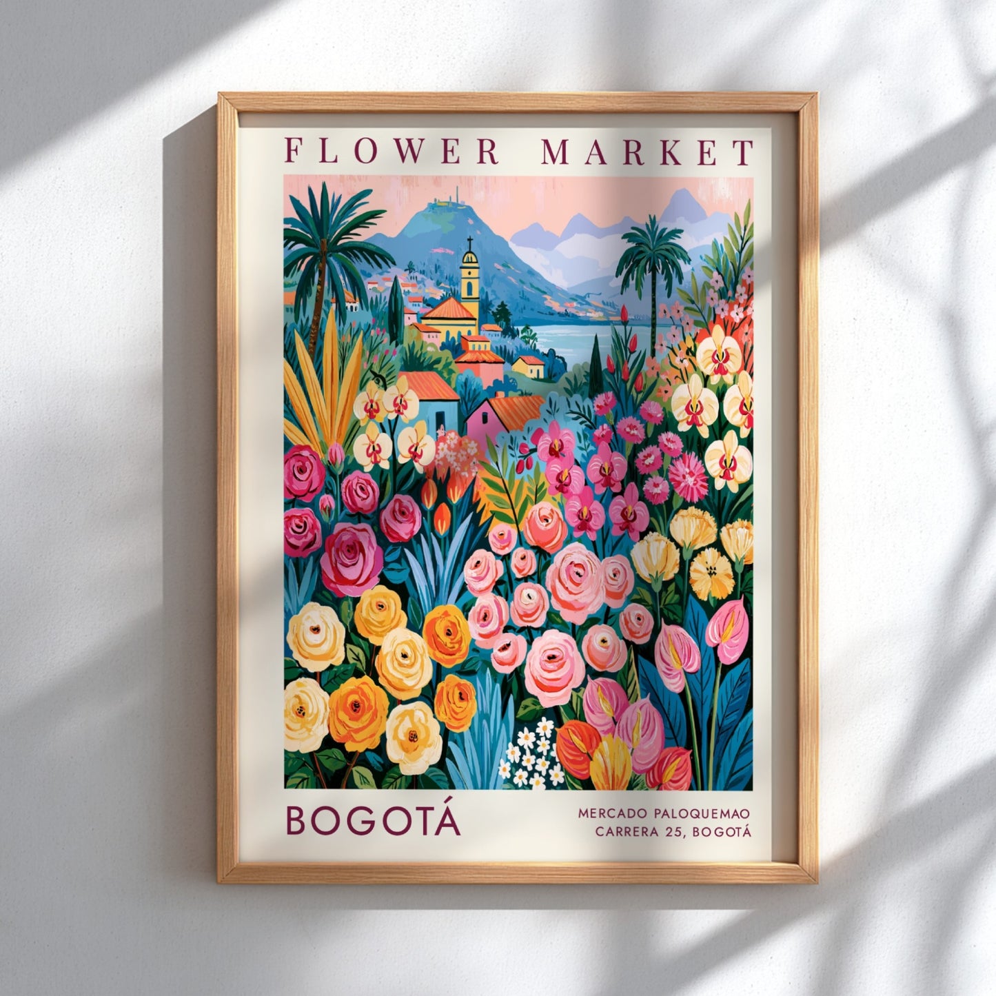 Flower market poster featuring vibrant colors and cityscape of Bogotá