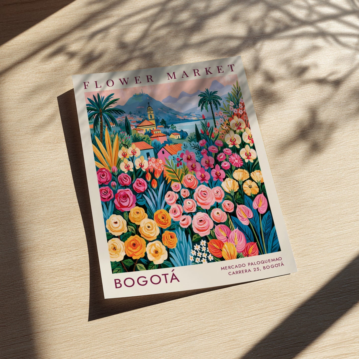 Flower market poster featuring vibrant colors and cityscape of Bogotá