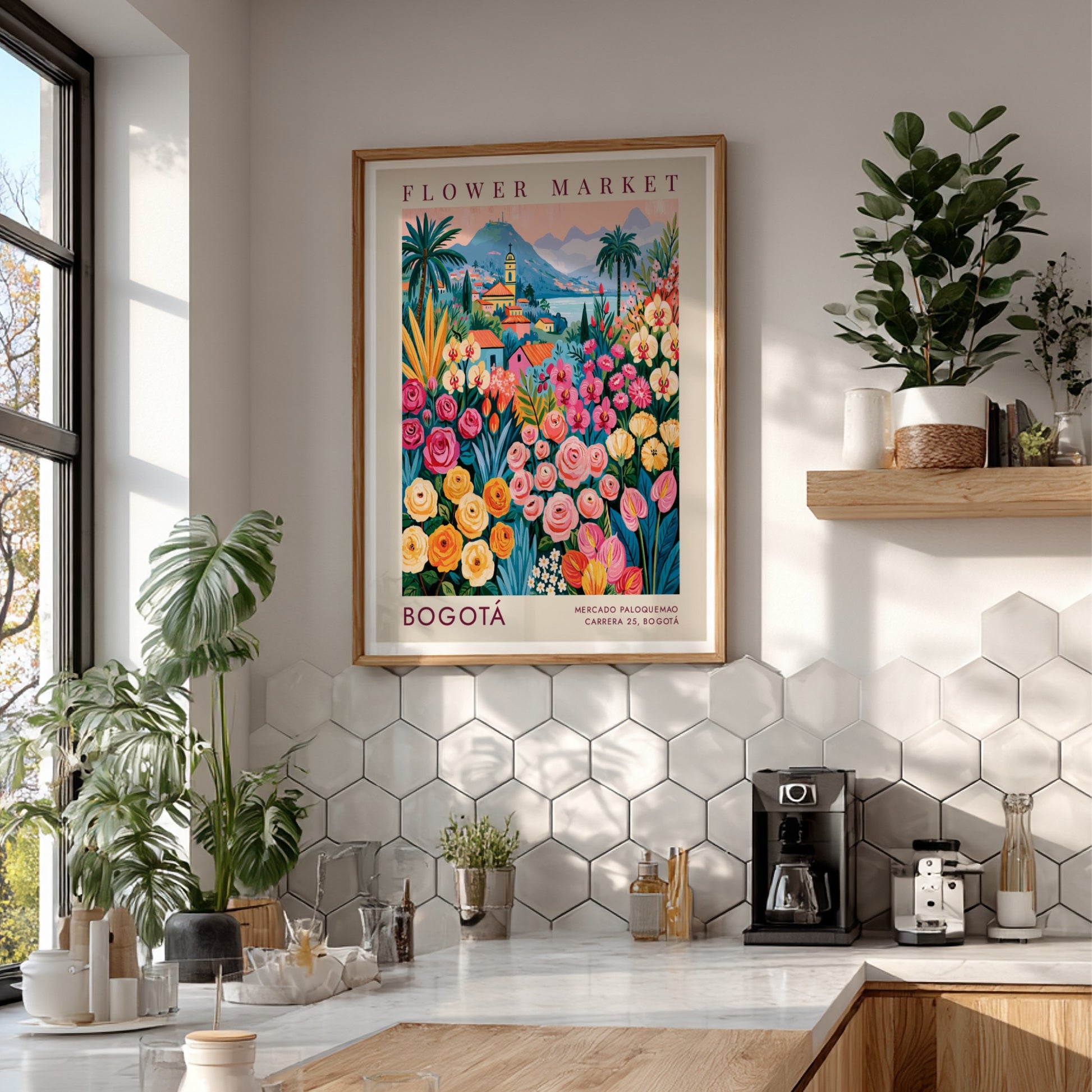 Flower market poster featuring vibrant colors and cityscape of Bogotá
