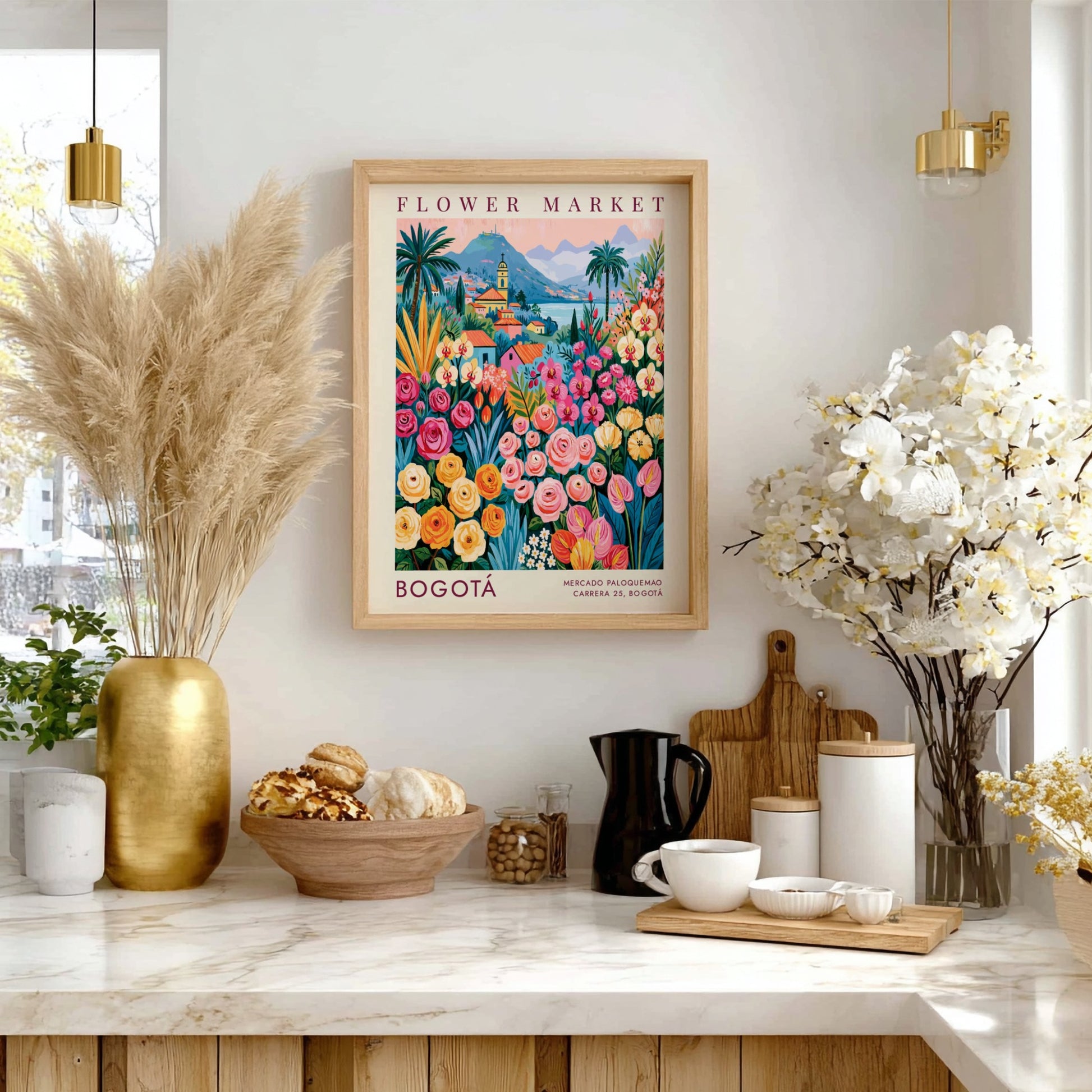 Flower market poster featuring vibrant colors and cityscape of Bogotá