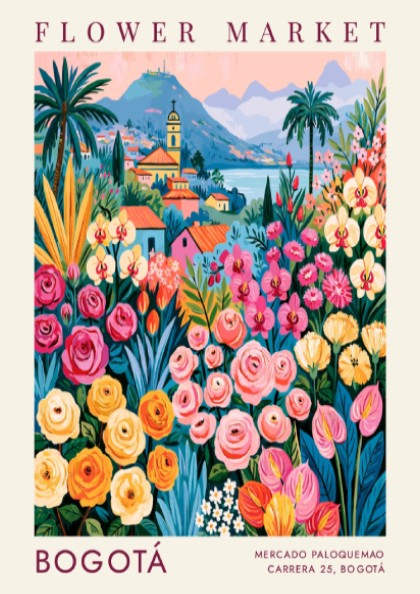 Flower market poster featuring vibrant colors and cityscape of Bogotá