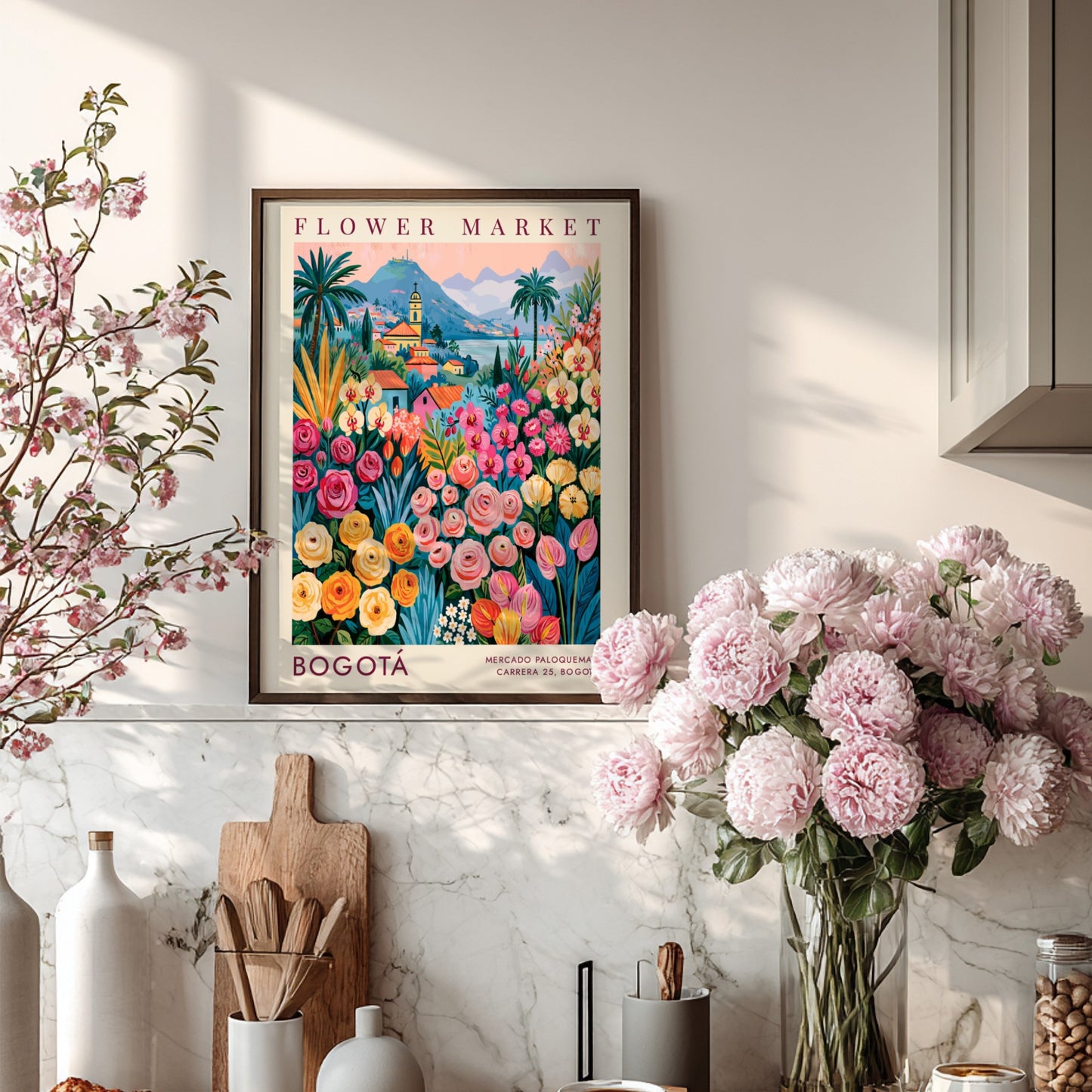 Flower market poster featuring vibrant colors and cityscape of Bogotá