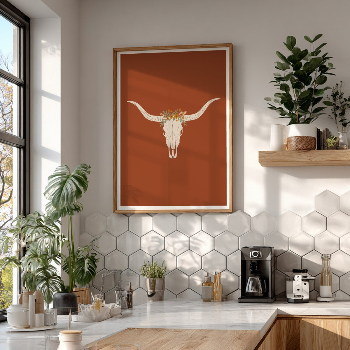 Poster featuring a white bull skull with a wildflower crown on terracotta background