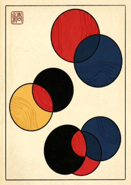 Japanese art style poster featuring bold abstract circles in red, black, and blue.