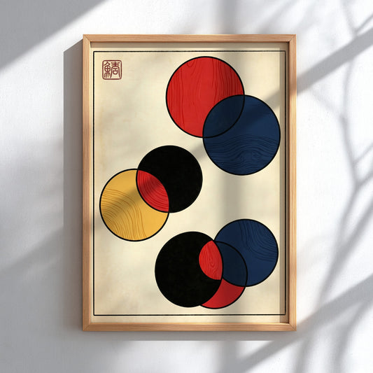 Japanese art style poster featuring bold abstract circles in red, black, and blue.