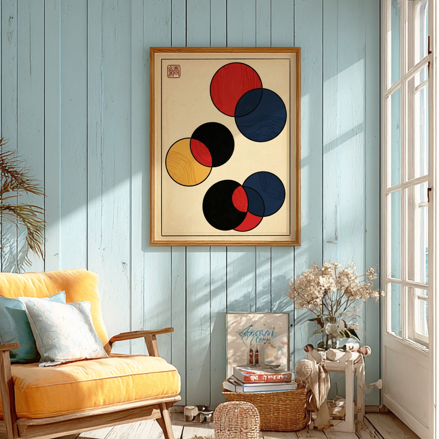 Japanese art style poster featuring bold abstract circles in red, black, and blue.