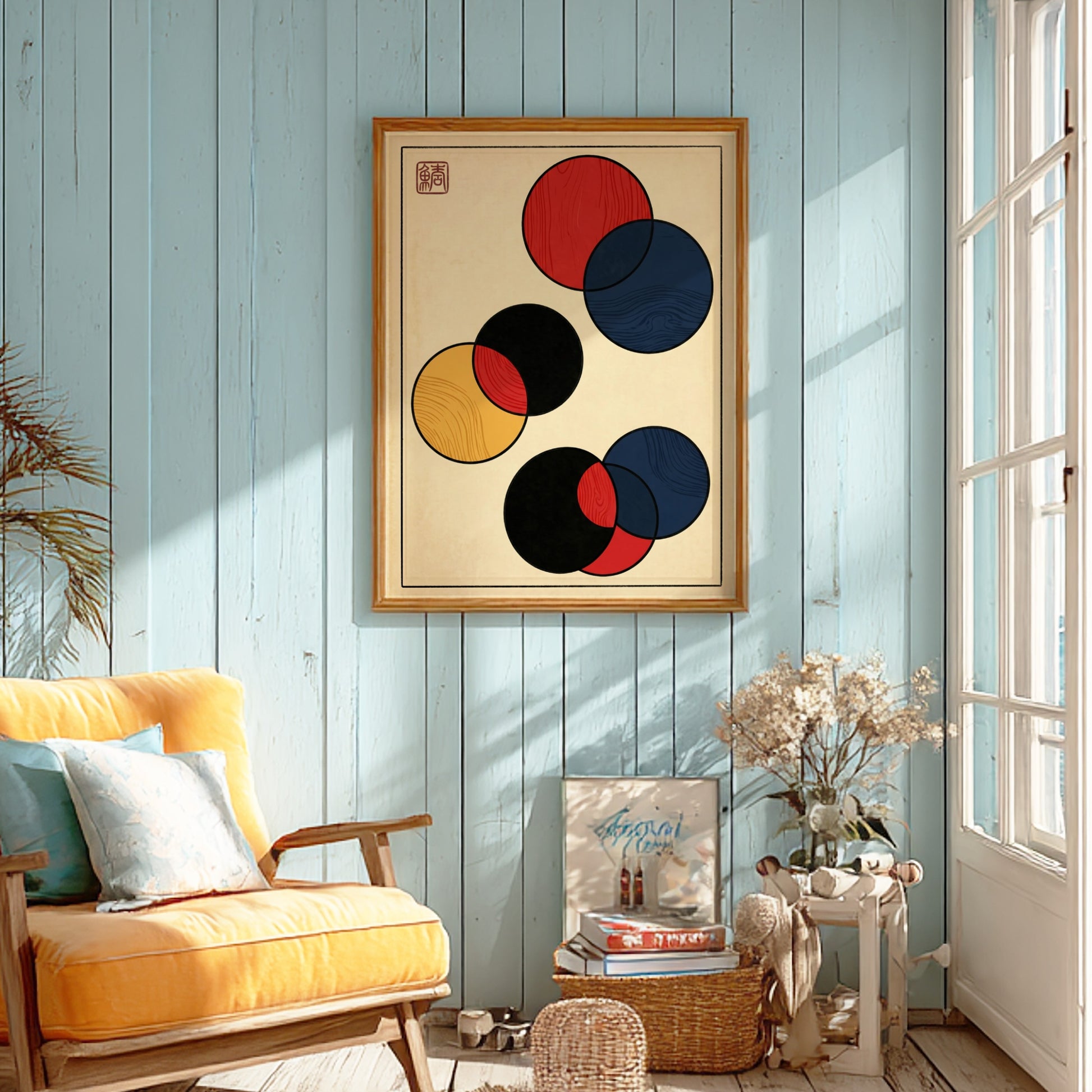 Japanese art style poster featuring bold abstract circles in red, black, and blue.