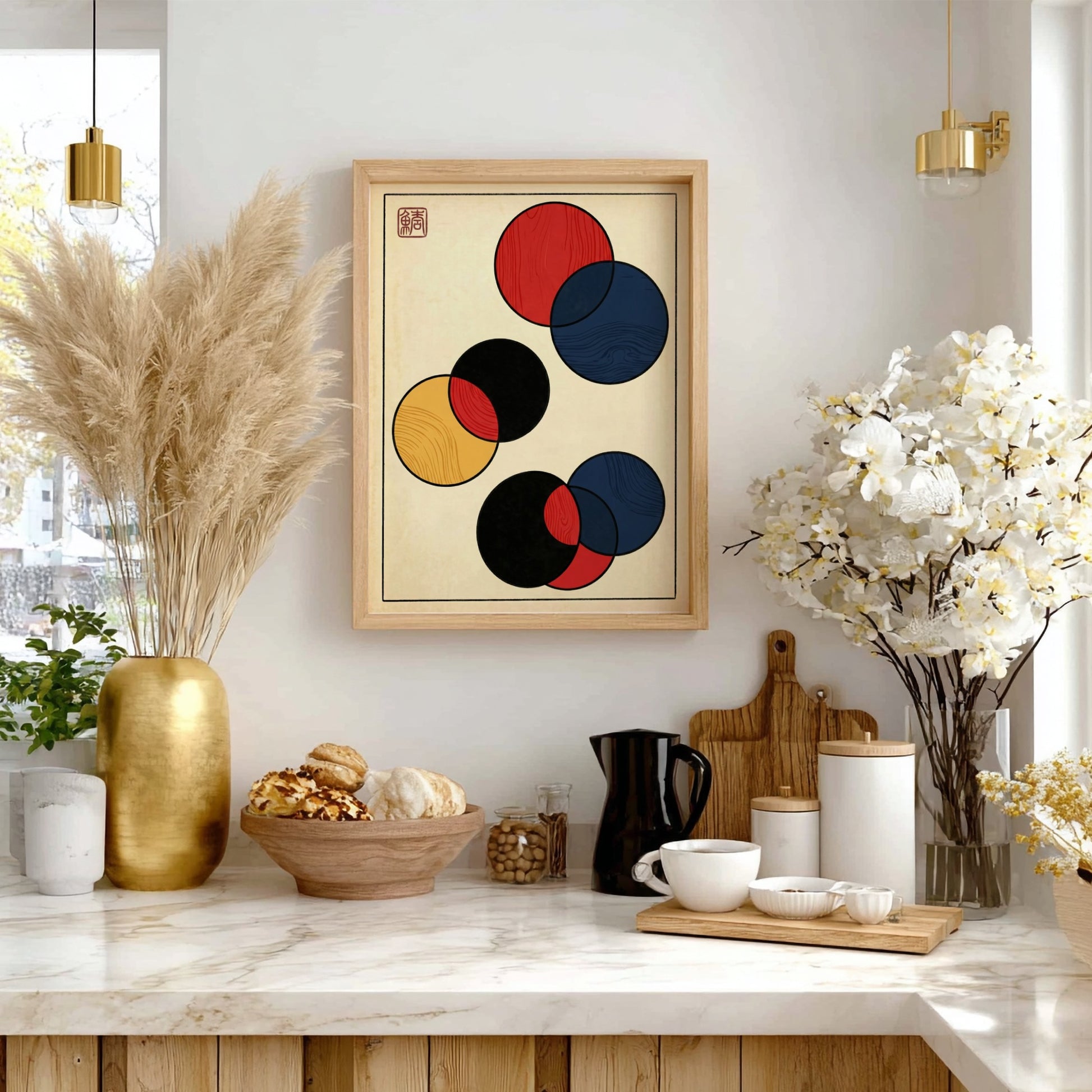 Japanese art style poster featuring bold abstract circles in red, black, and blue.