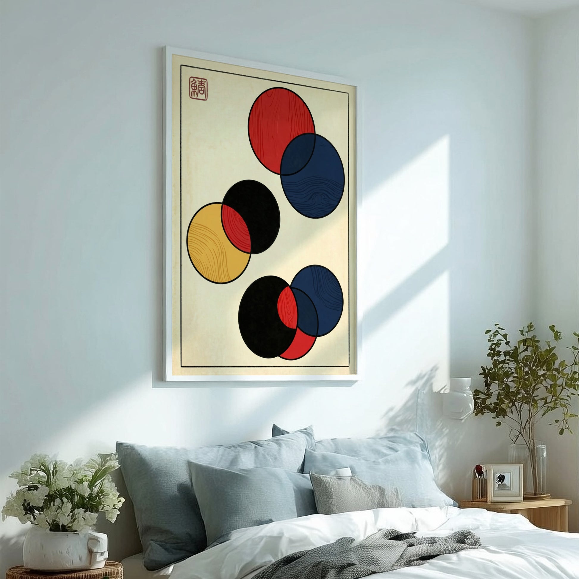 Japanese art style poster featuring bold abstract circles in red, black, and blue.