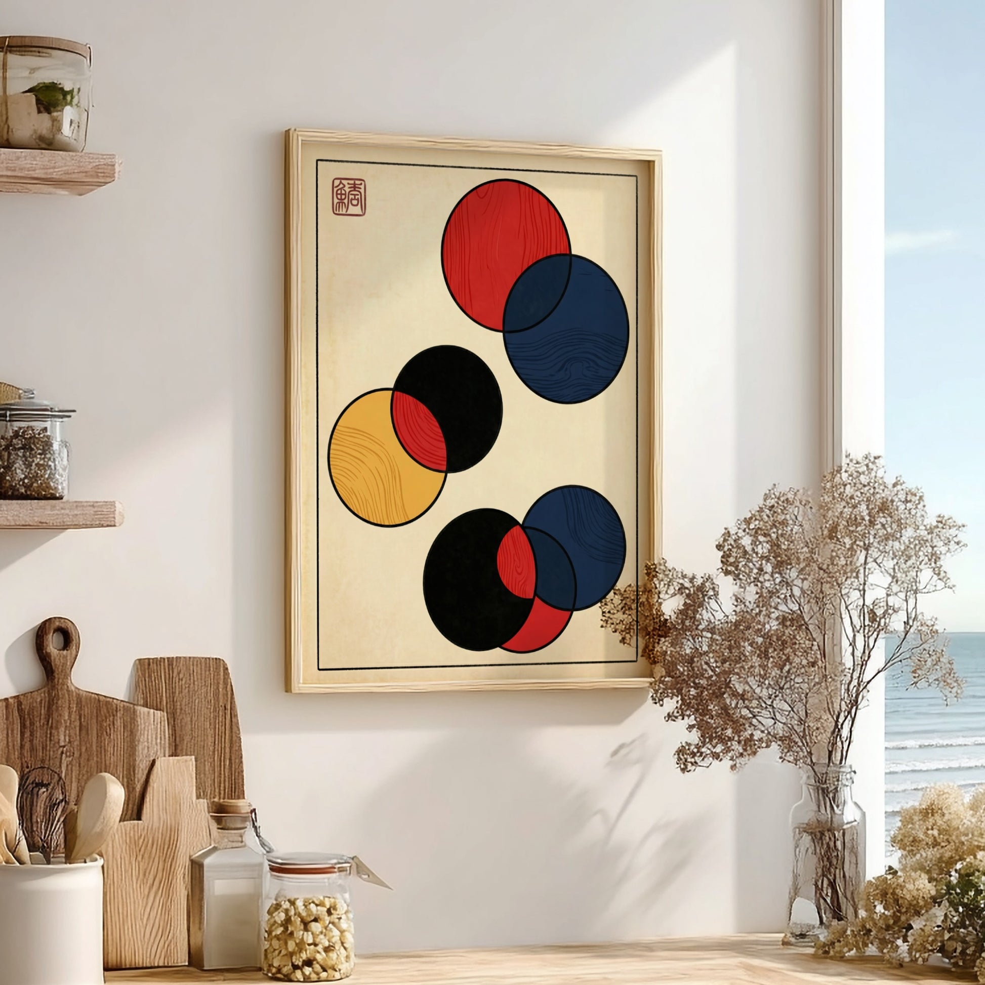 Japanese art style poster featuring bold abstract circles in red, black, and blue.