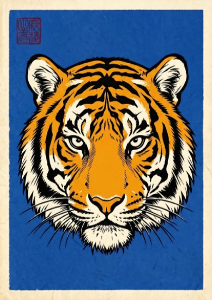 Japanese art style poster featuring a bold tiger face design with orange and black colors on a blue background