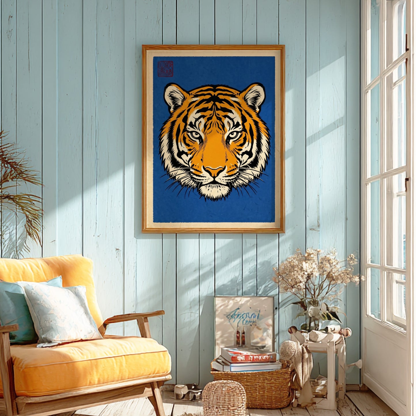 Japanese art style poster featuring a bold tiger face design with orange and black colors on a blue background