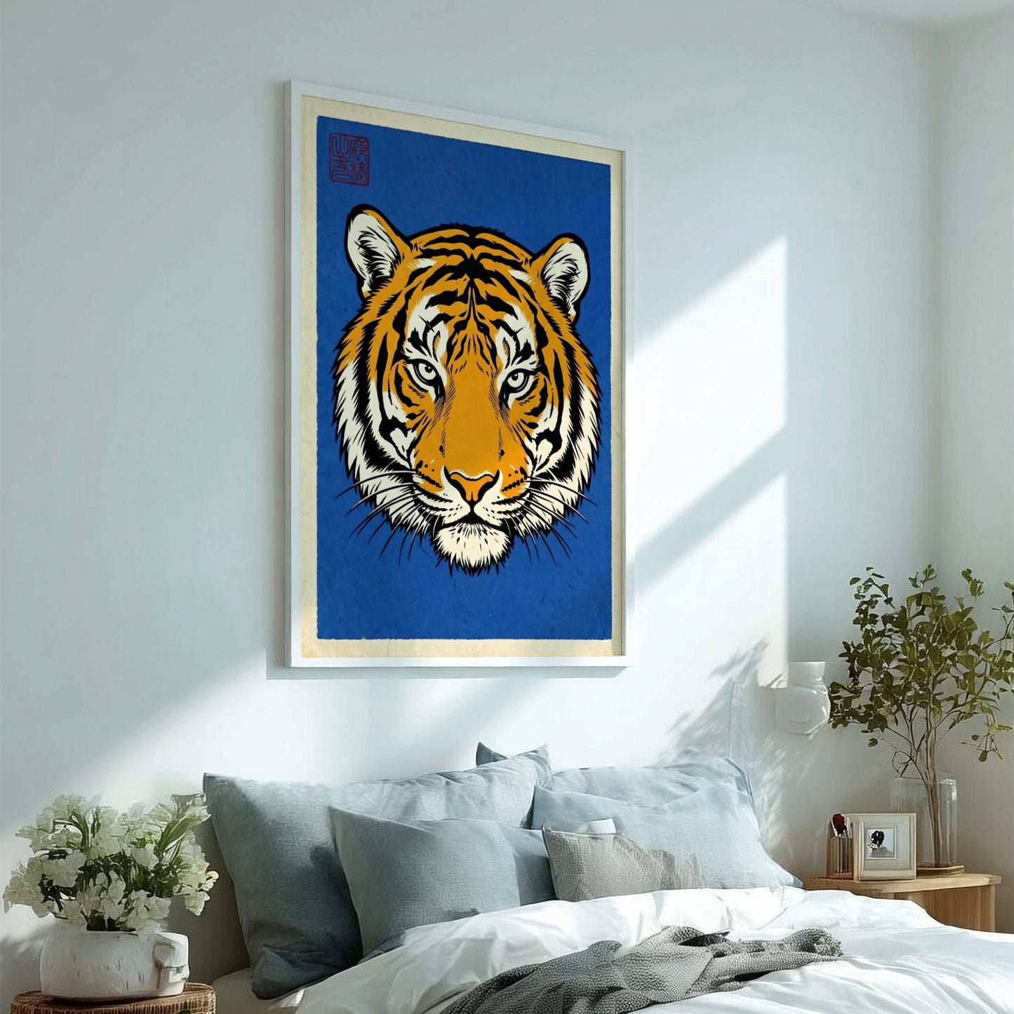 Japanese art style poster featuring a bold tiger face design with orange and black colors on a blue background