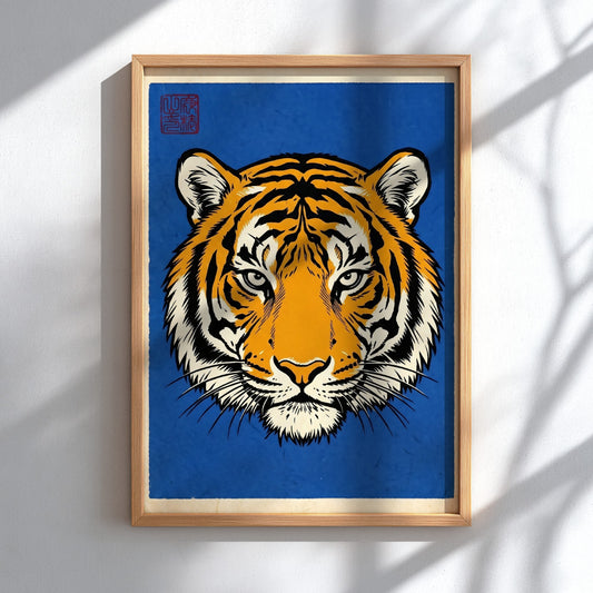 Japanese art style poster featuring a bold tiger face design with orange and black colors on a blue background