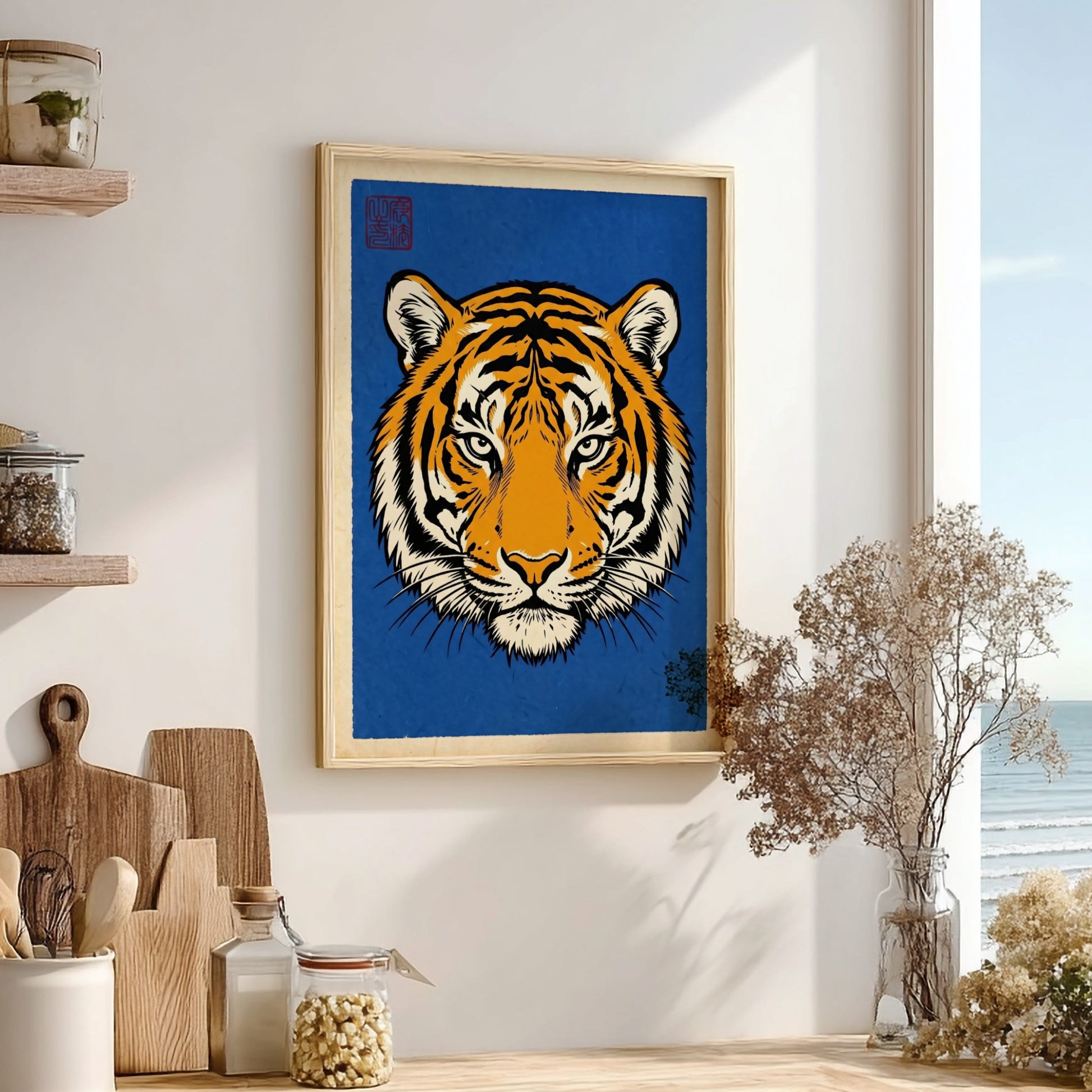 Japanese art style poster featuring a bold tiger face design with orange and black colors on a blue background