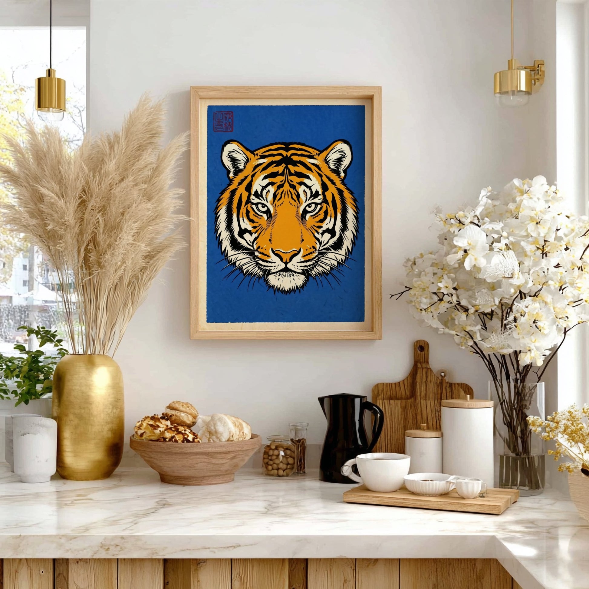 Japanese art style poster featuring a bold tiger face design with orange and black colors on a blue background