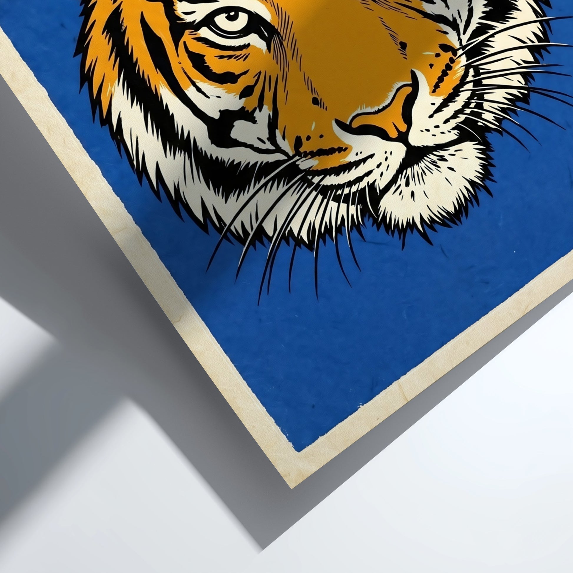 Japanese art style poster featuring a bold tiger face design with orange and black colors on a blue background