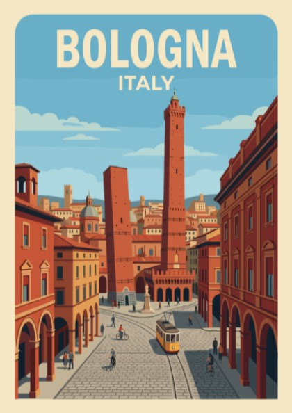 Poster of Bologna Italy featuring the Two Towers, historic buildings, and a yellow tram.