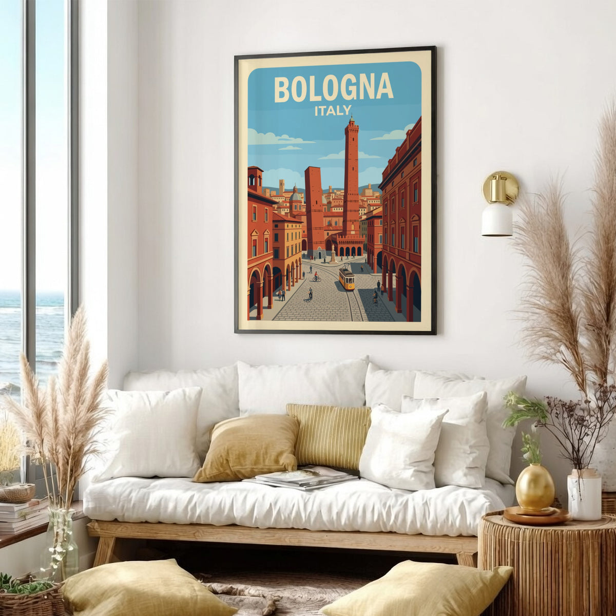 Poster of Bologna Italy featuring the Two Towers, historic buildings, and a yellow tram.