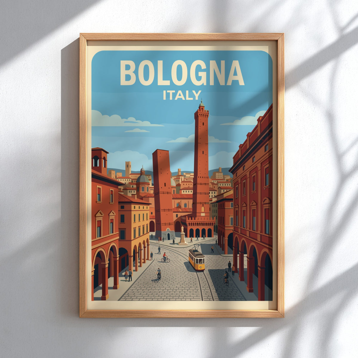 Poster of Bologna Italy featuring the Two Towers, historic buildings, and a yellow tram.