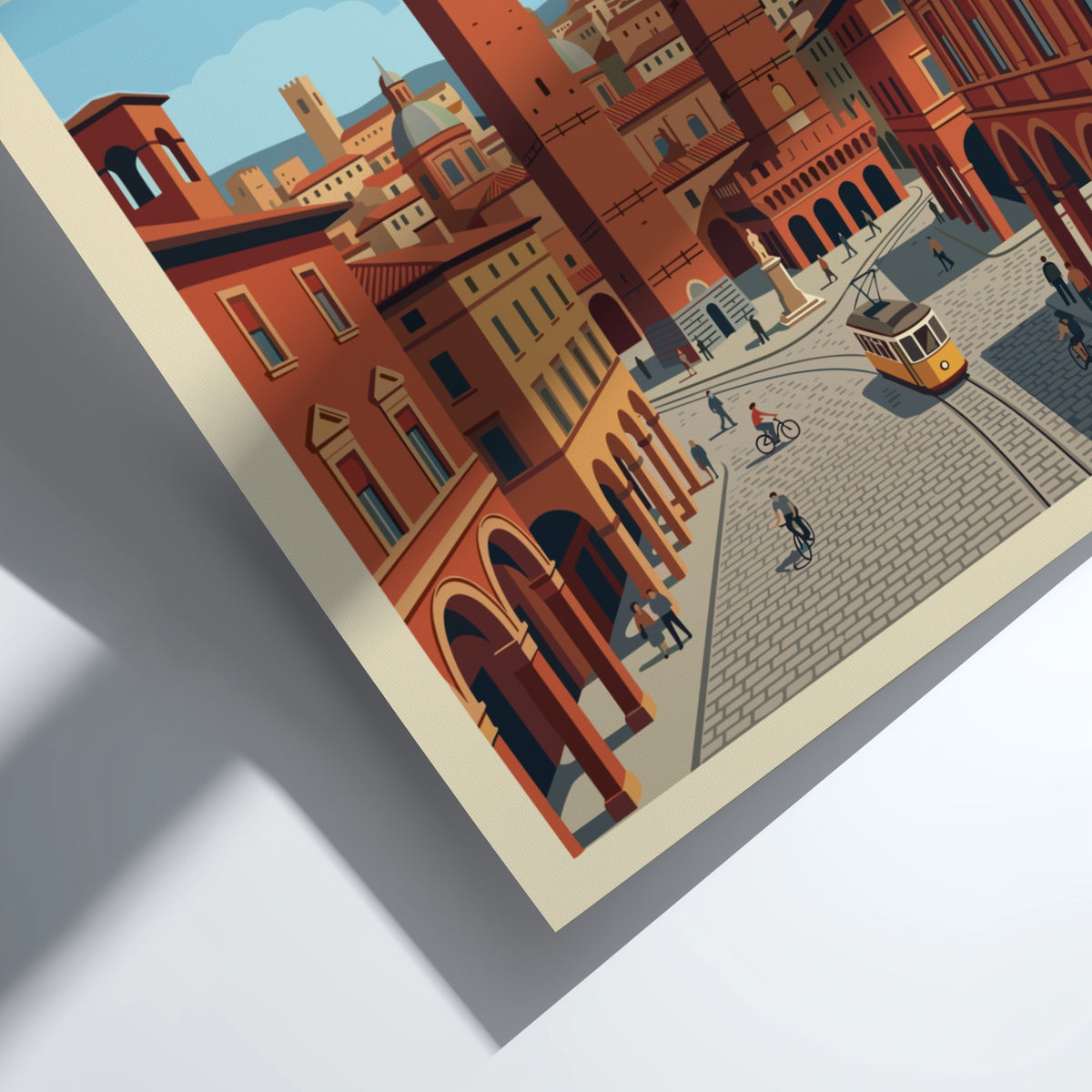 Poster of Bologna Italy featuring the Two Towers, historic buildings, and a yellow tram.