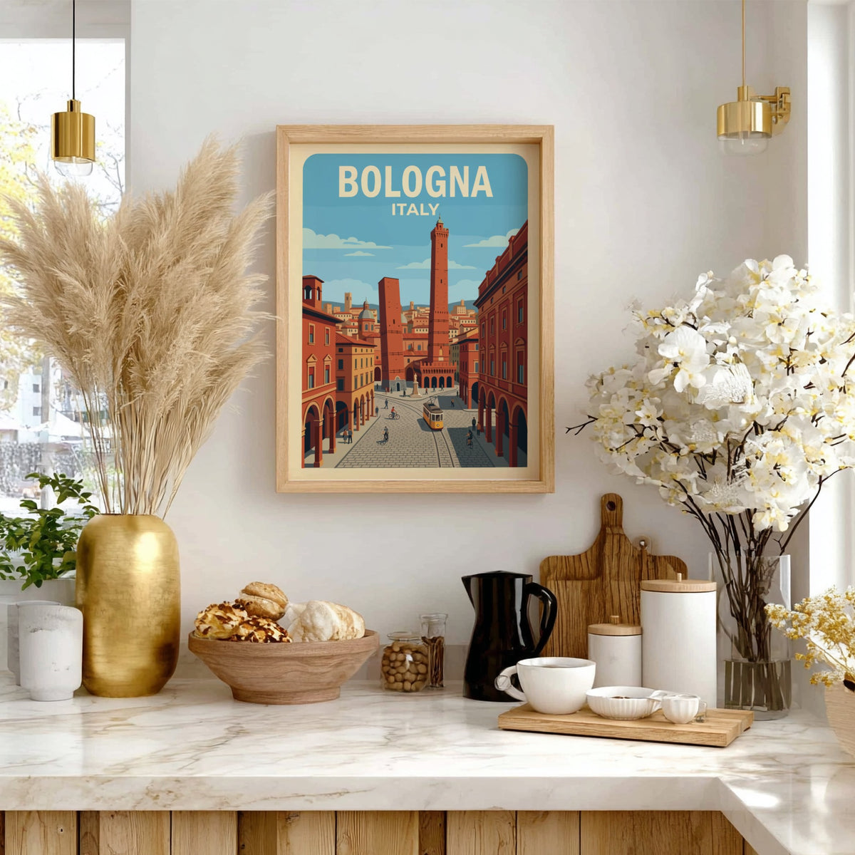 Poster of Bologna Italy featuring the Two Towers, historic buildings, and a yellow tram.