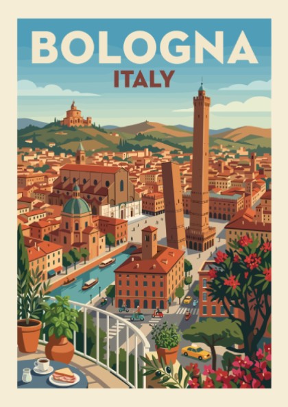 Vintage travel poster of Bologna, Italy, with iconic towers and cityscape in warm colors.