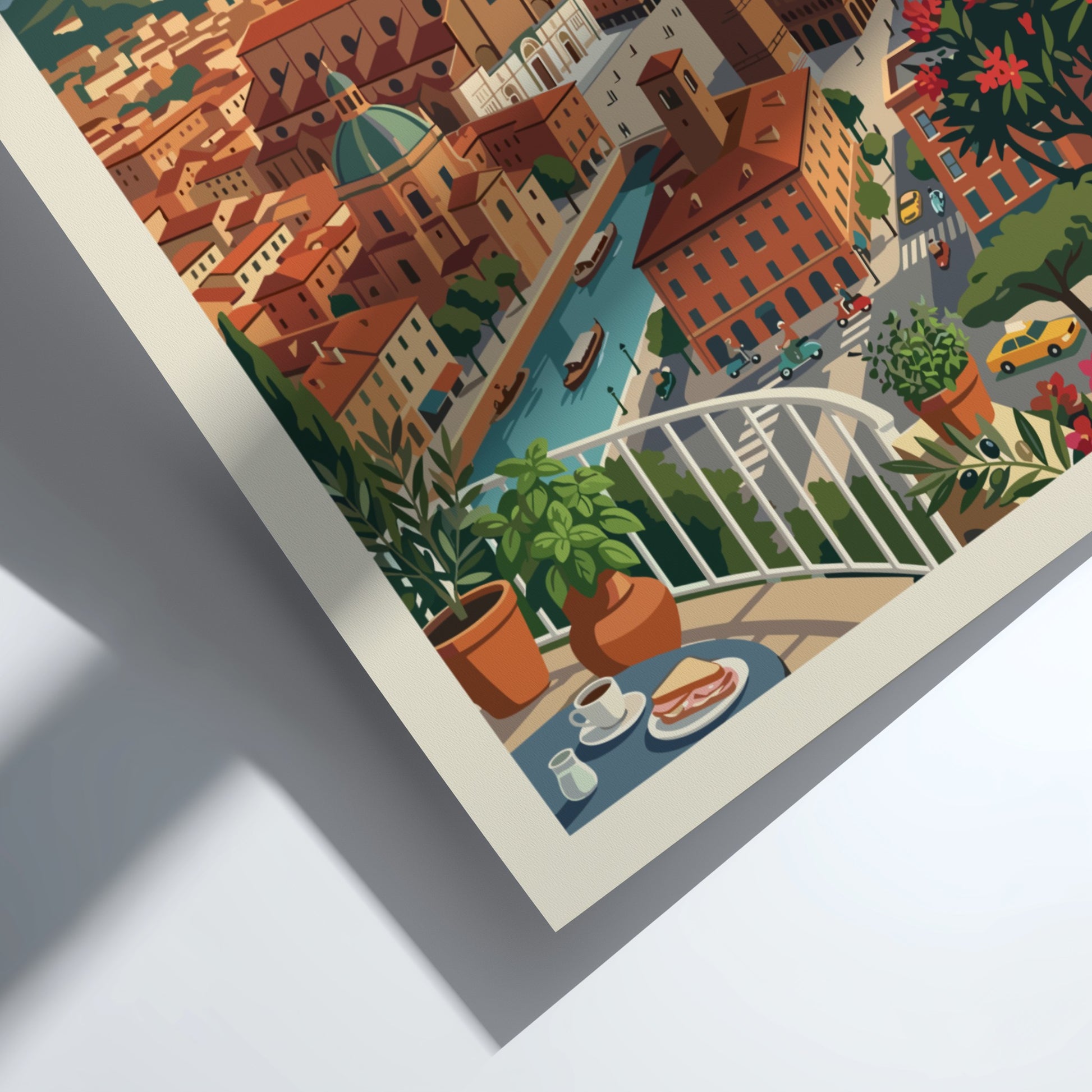 Vintage travel poster of Bologna, Italy, with iconic towers and cityscape in warm colors.