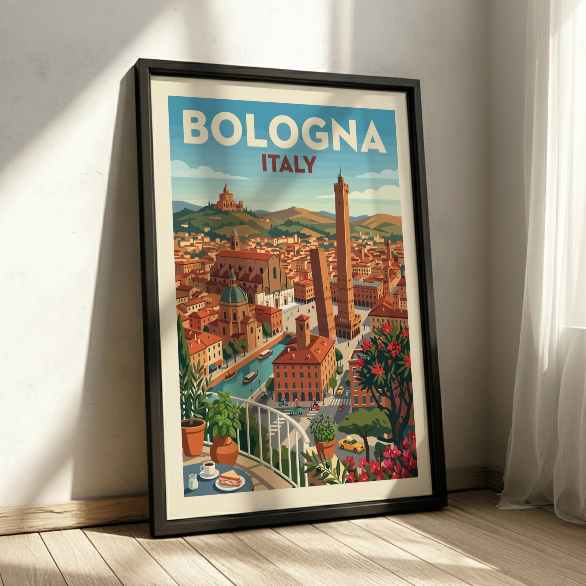 Vintage travel poster of Bologna, Italy, with iconic towers and cityscape in warm colors.