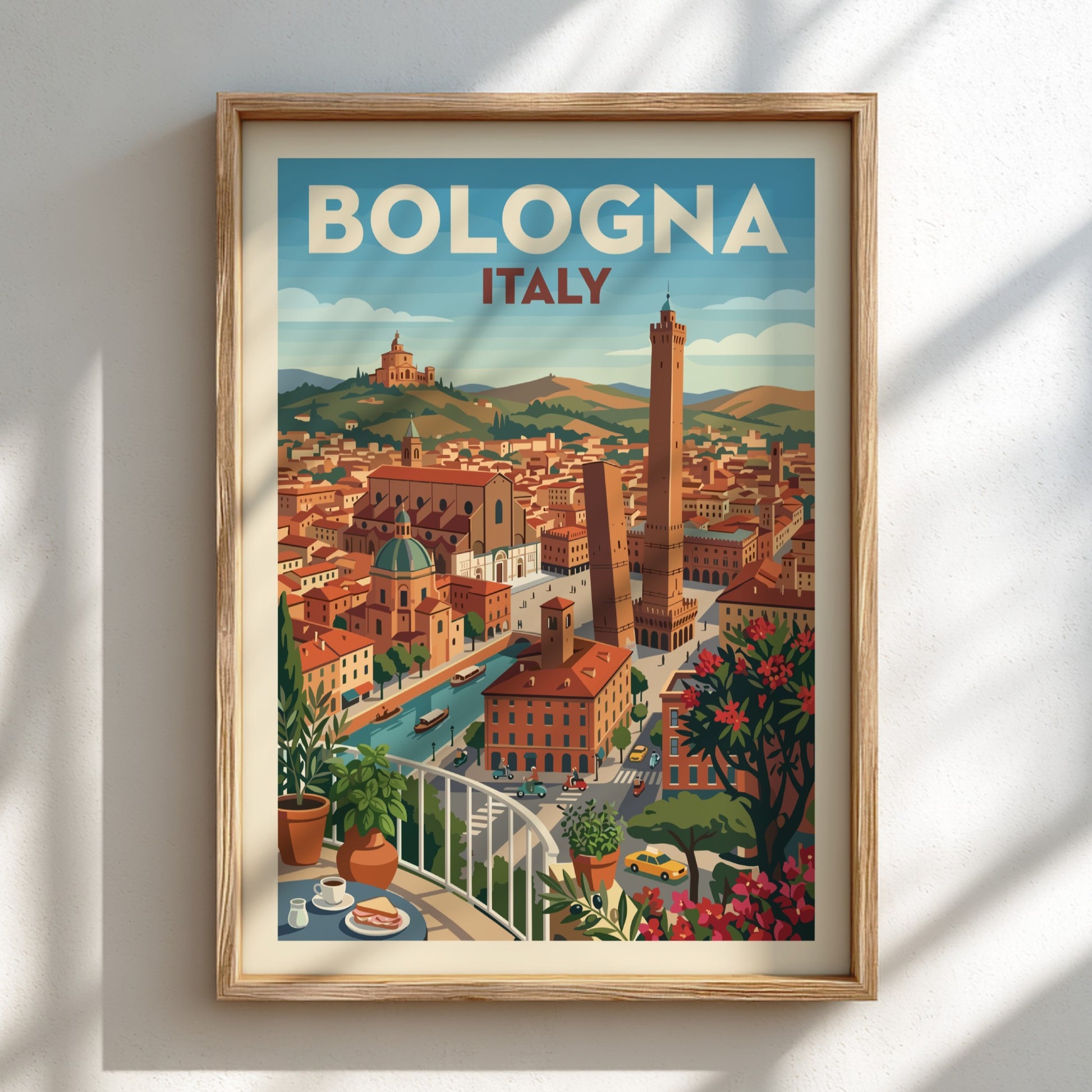 Vintage travel poster of Bologna, Italy, with iconic towers and cityscape in warm colors.