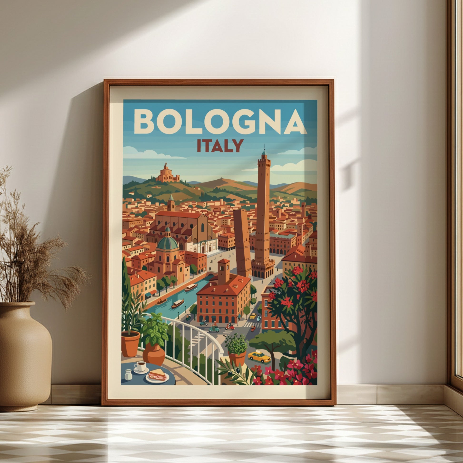 Vintage travel poster of Bologna, Italy, with iconic towers and cityscape in warm colors.