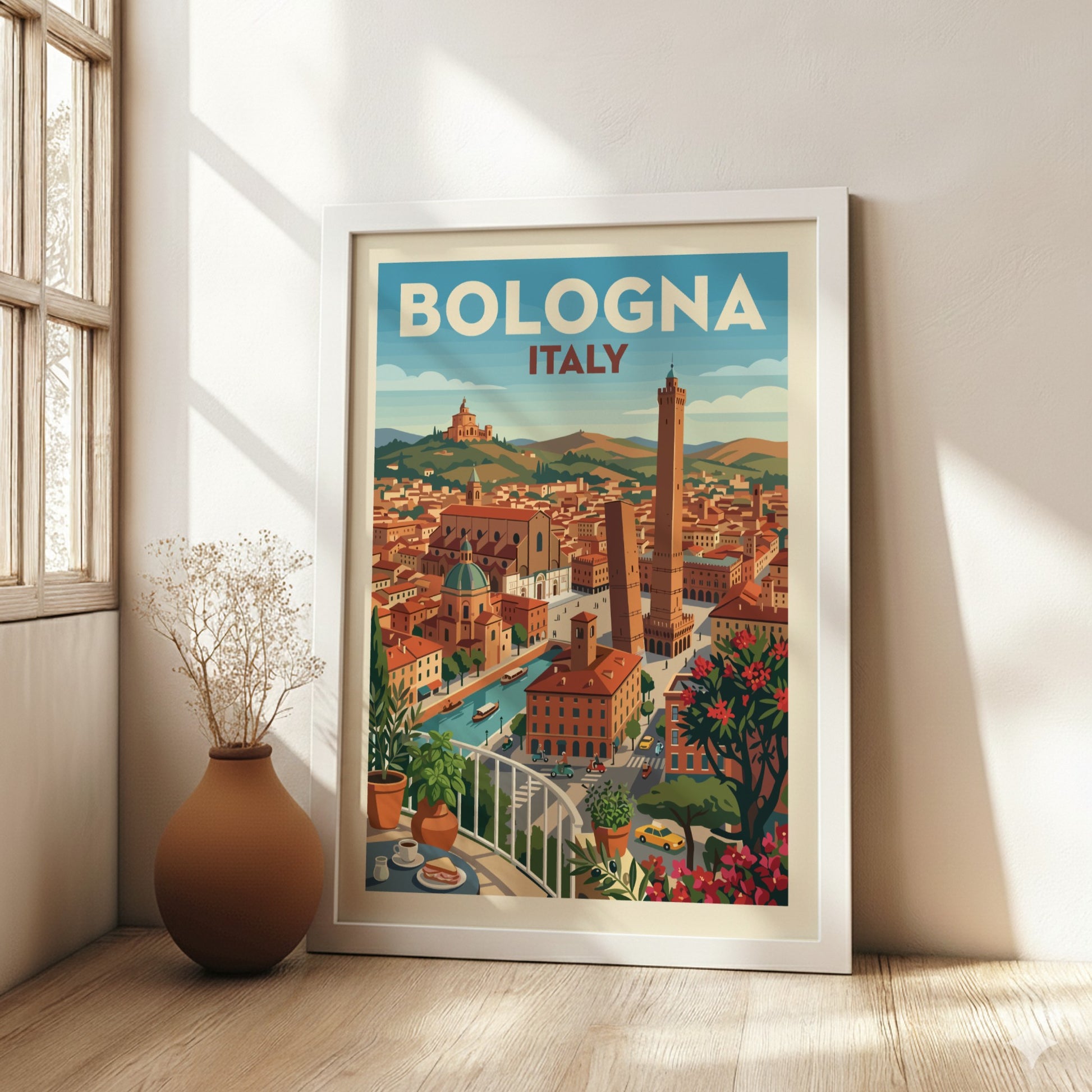 Vintage travel poster of Bologna, Italy, with iconic towers and cityscape in warm colors.