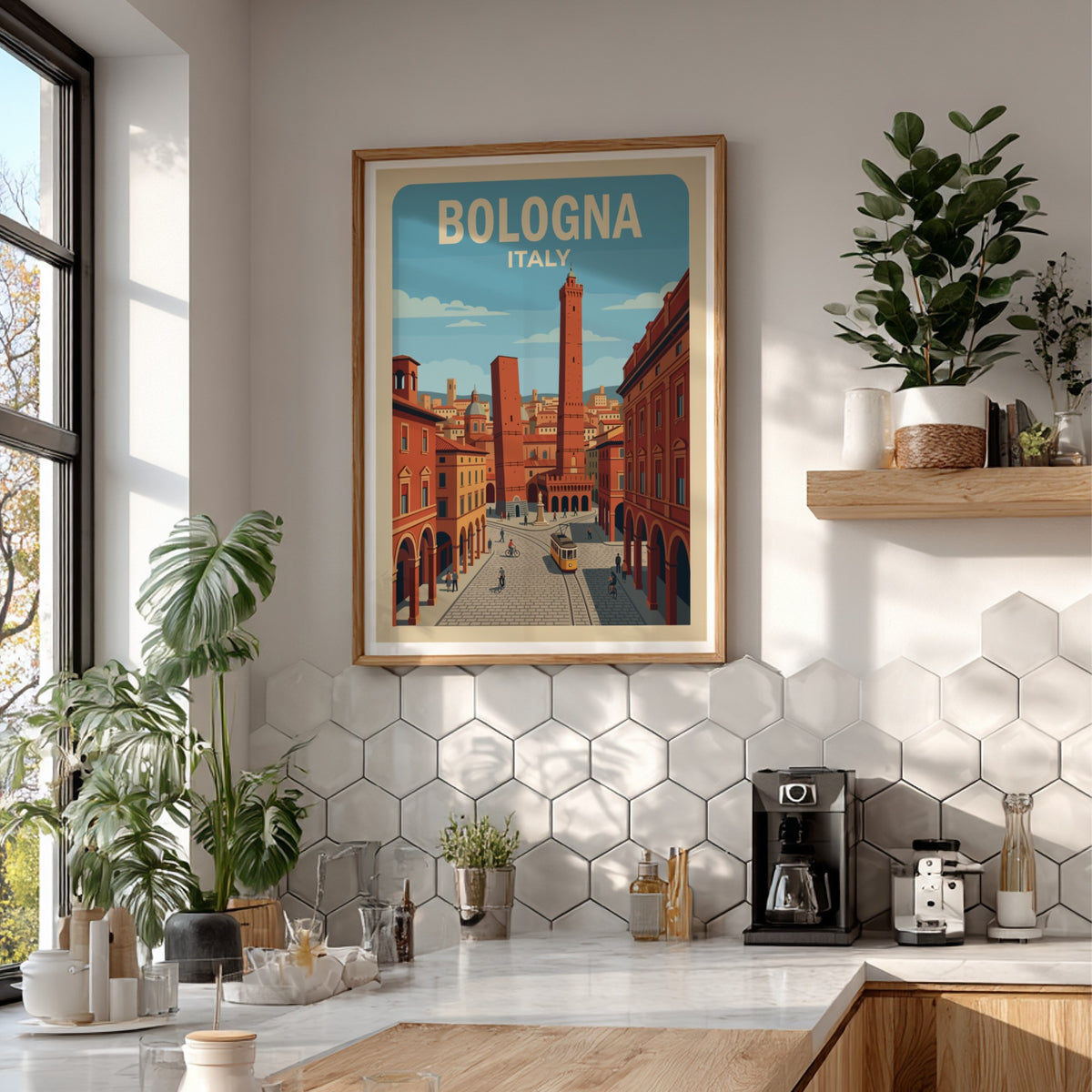 Poster of Bologna Italy featuring the Two Towers, historic buildings, and a yellow tram.