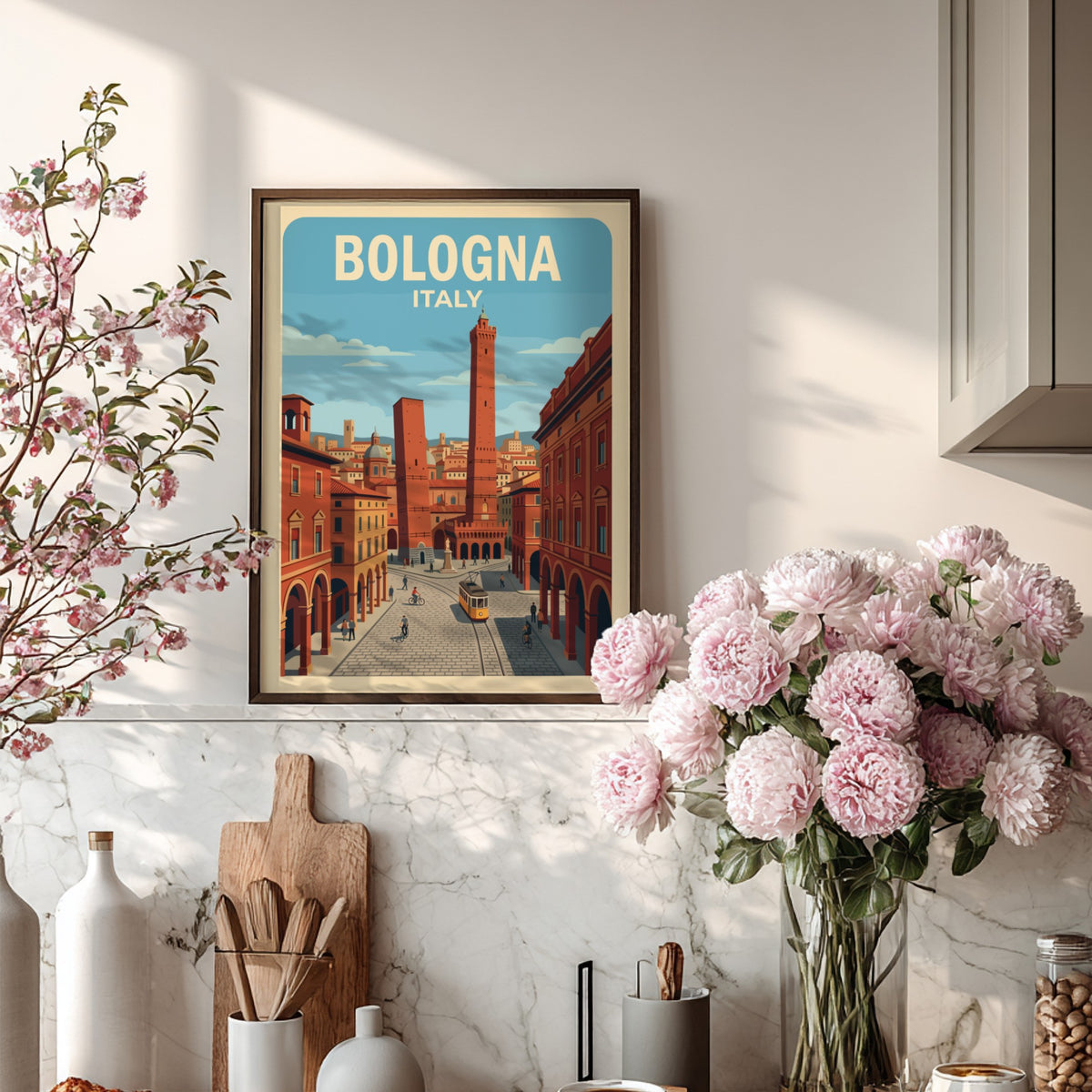 Poster of Bologna Italy featuring the Two Towers, historic buildings, and a yellow tram.