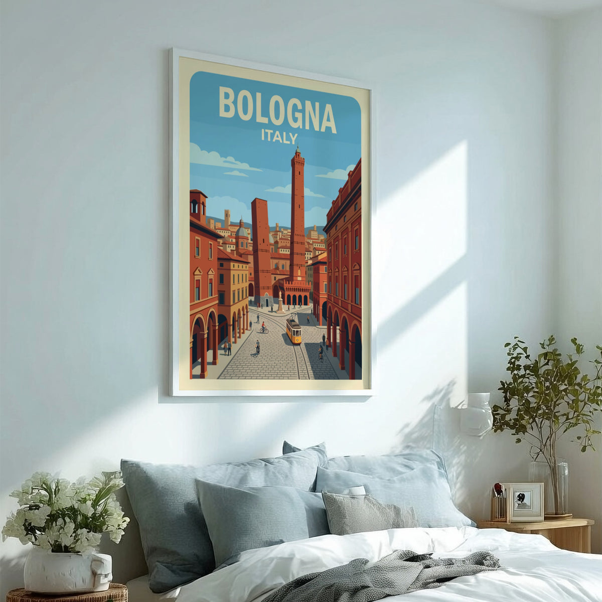 Poster of Bologna Italy featuring the Two Towers, historic buildings, and a yellow tram.