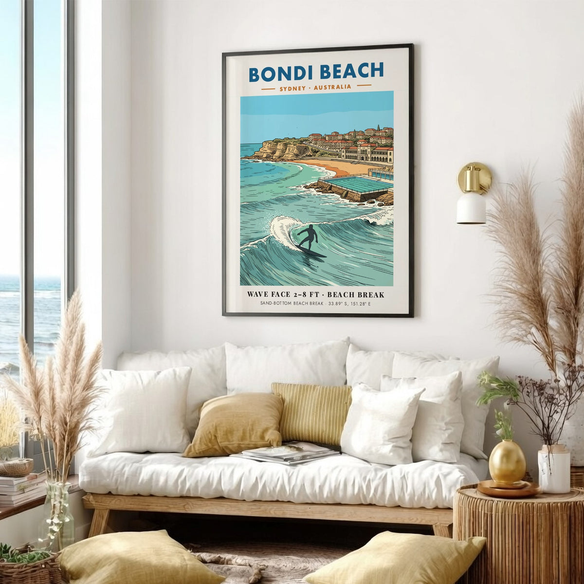 Bondi Beach poster showing a surfer on a wave with coastal buildings behind